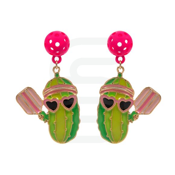 🌵 Pickleball Earrings – Cactus with Paddle & Pink Ball Post Dangle Earrings - Picture 1 of 1